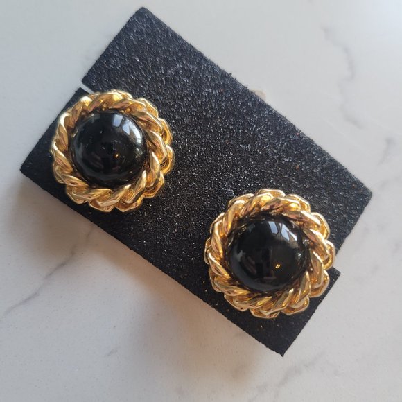 Christian Dior Vintage 80s Chunky Gold Plated Black Glass Clip On Earrings - Picture 1 of 9